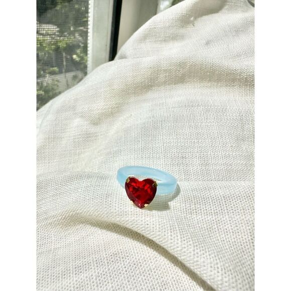 Ruby red and blue rhinestone heart jelly ring size 6 - Picture 1 of 2